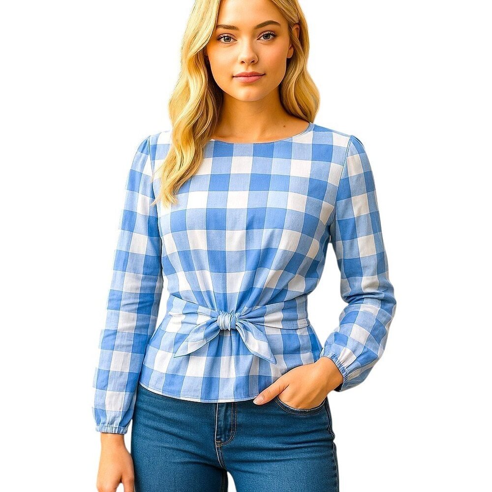 J. Crew Bow-front top in Bristow Gingham Blue Size Small